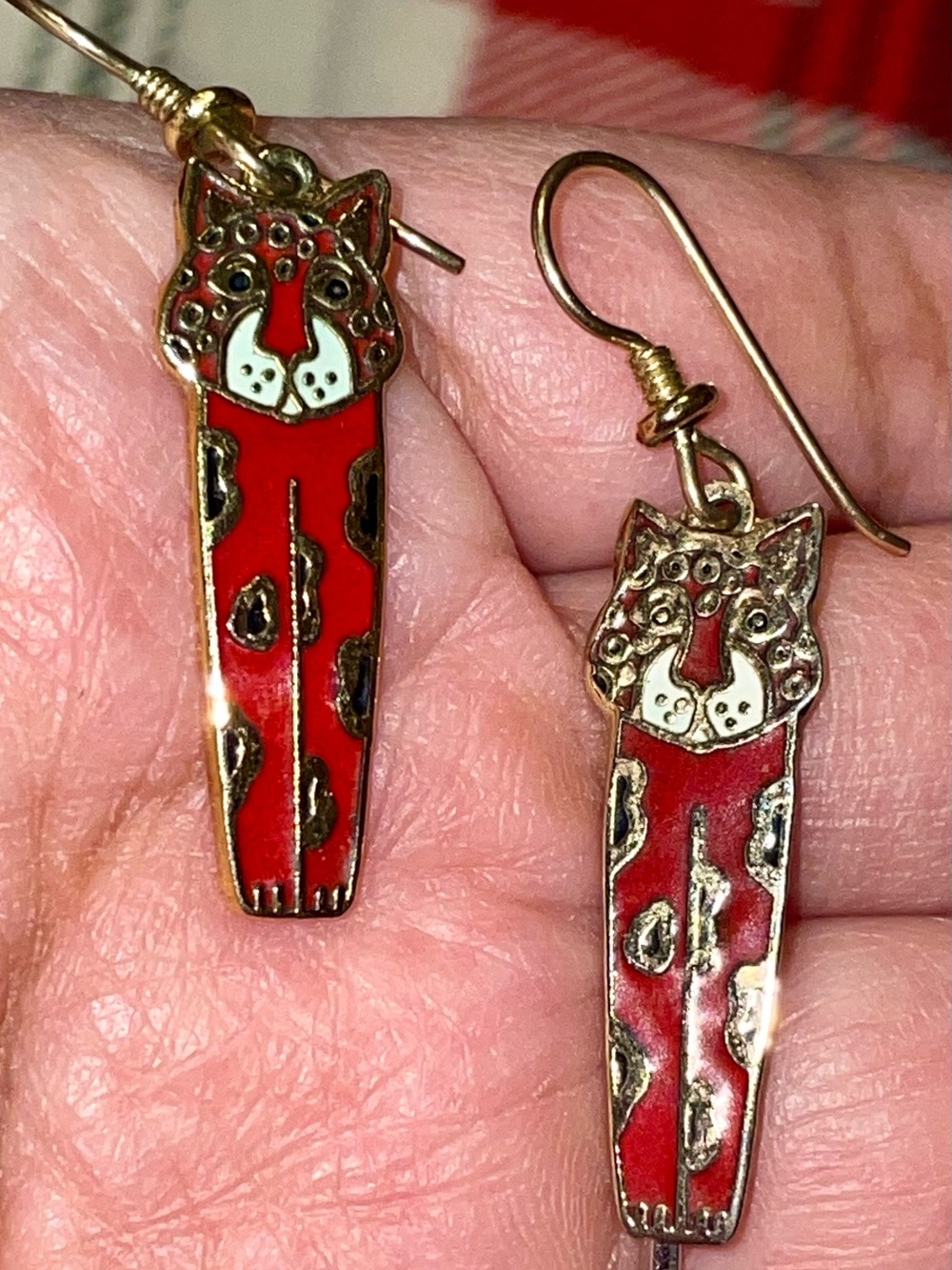 Laurel Burch Red Cat Enamel Dangle Earrings with Gold Accents
